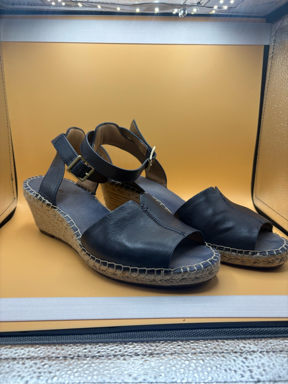 Clarks Navy Leather Espadrille Wedge Sandals with Ankle Strap Petrina Selma 9